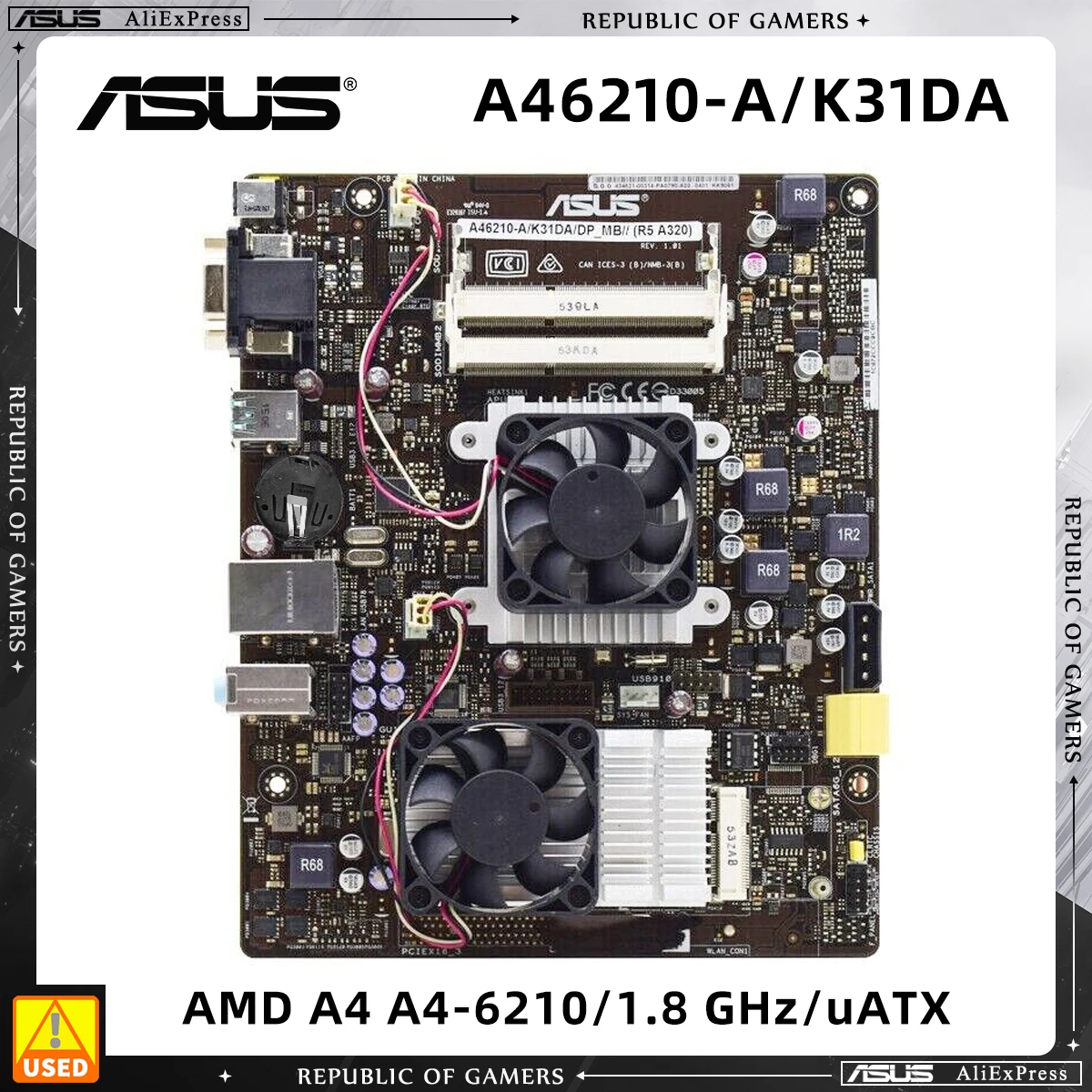 

ASUS A46210-A/K31DA/DP_MB, Used Motherboard, Supports 2x DIMM Max. 8GB DDR3, Mini-ITX Form Factor, Onboard CPU, AMD Motherboard