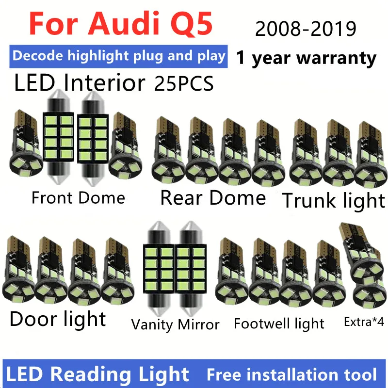 

Для Audi Q5 8R 2009-2013 14 15 16 14 2018 19 светодиодный интерьерный комплект ламп Canbus автомобильная лампа для чтения купольная дверь багажника Footwell