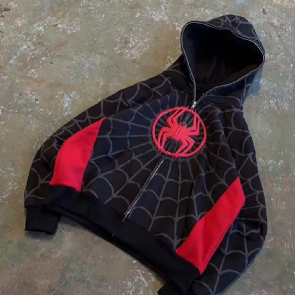 Vintage Spider Web Zip-Up Hoodie for Men Y2K Gothic Streetwear Oversized Full Zip Hooded Jacket Hip Hop Casual Loose Sweatshirt