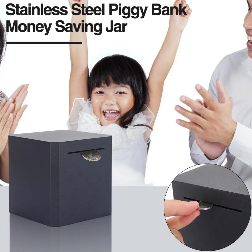 Coin Collector Box Stainless Steel Square Piggy Bank Capacity Money Saving Jar for Adults Kids Solid Color Cube Deposit Box