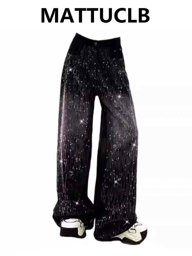 

Женские мешковатые джинсы Широкий крой Дизайнерские японские джинсовые брюки 2000-х Y2K Harajuku Блестящие ковбойские уличные шикарные брюки New Tide Grunge