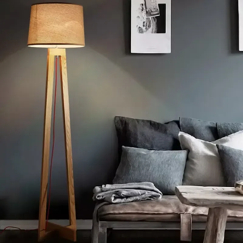 for  Modern Wooden Floor Lamp with Fabric Lampshade and Tripod Base