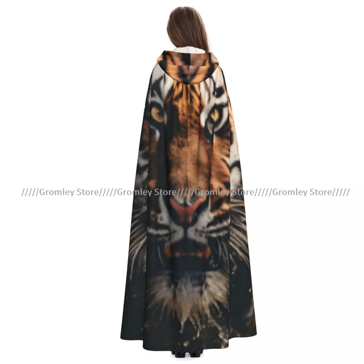 Adult Tiger Portrait Cloak Cape Hooded Medieval Costume Witch Wicca Vampire Halloween Costume Dress Coat