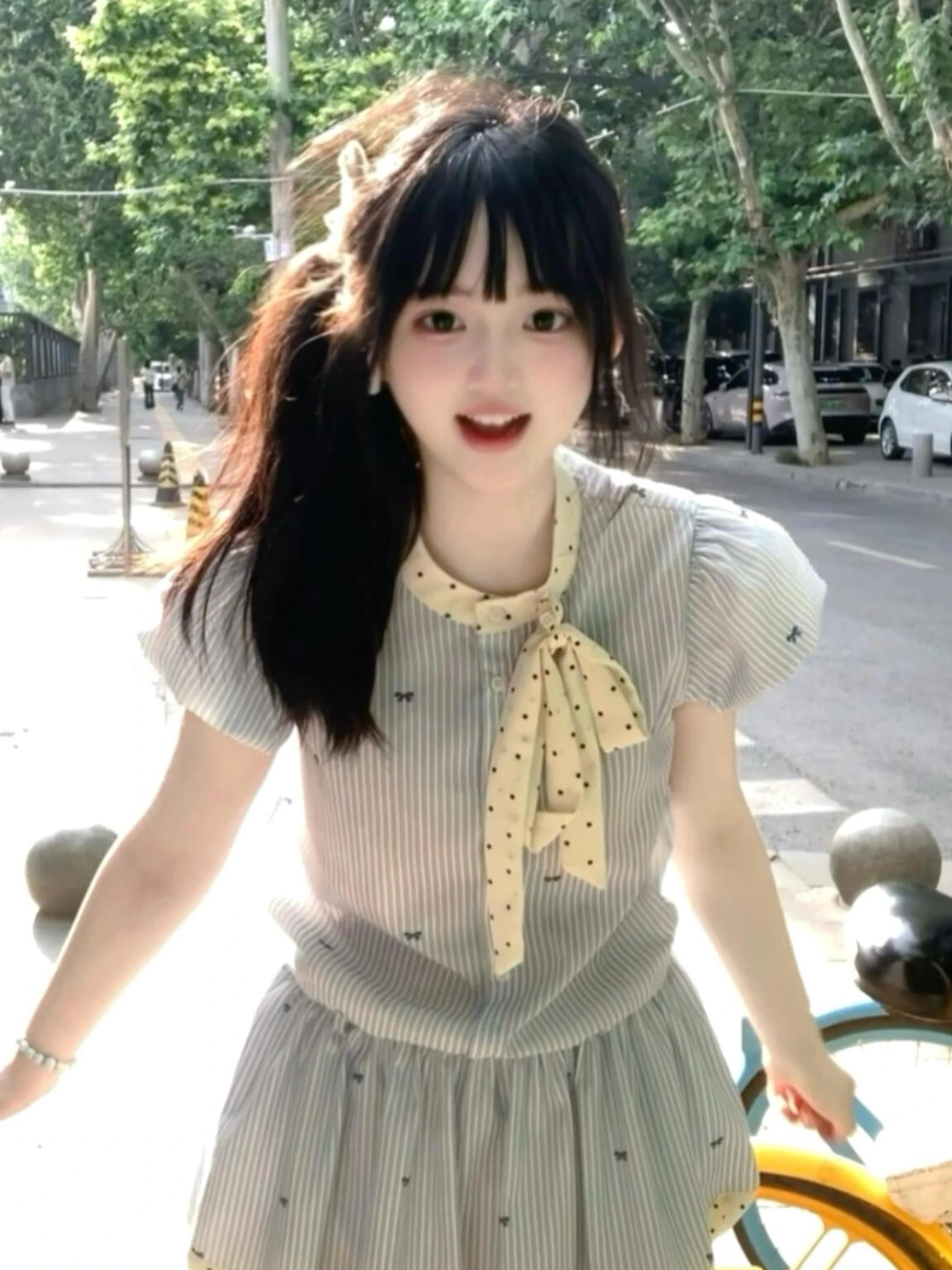 Collège coréen Sle rayé irt Dr femmes été nouvelle jupe Miu ort douce taille haute bulle Sve fibre de polyester a-li...