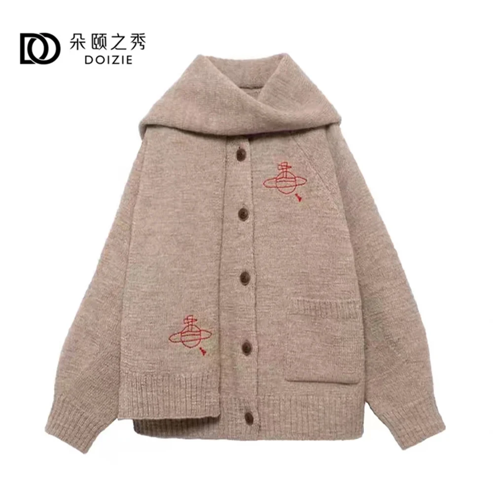 24 Winter New Scarf Retro Coat Wool Saturn Sweater Cardigan Round Neck Embroidery Lazy College Style