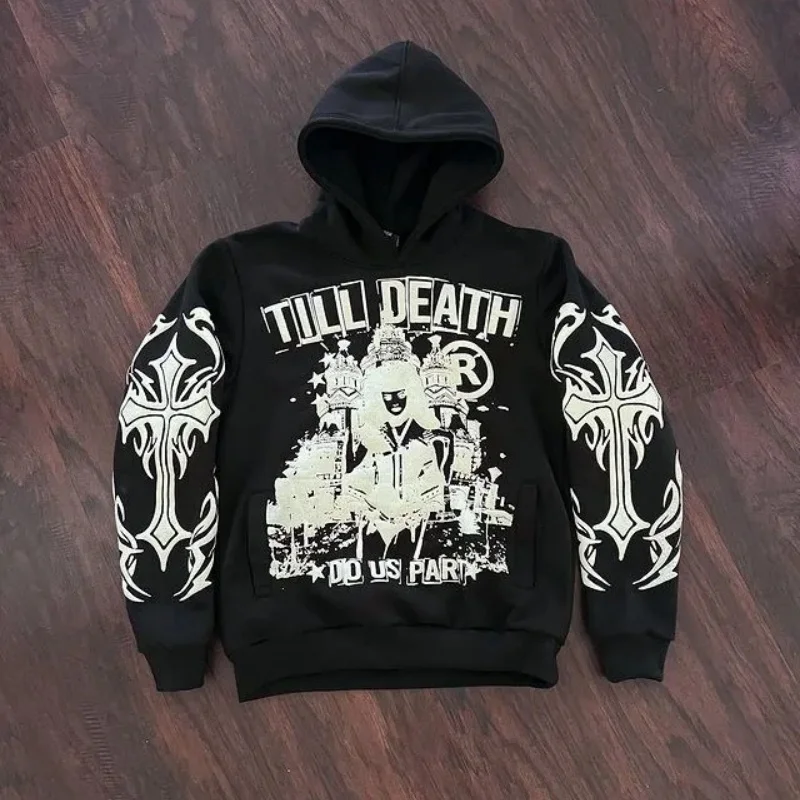 

Autumn and winter cross-border American Gothic casual letter printed hooded sweatshirt loose fitting pullover men's women's