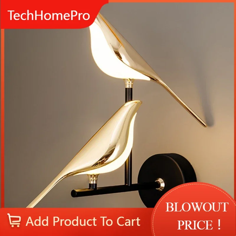 TechHPCreative Golden Magpie Bird LED Wall Lamp Restaurant Living Room Hotel Chandelier Study Bedroom