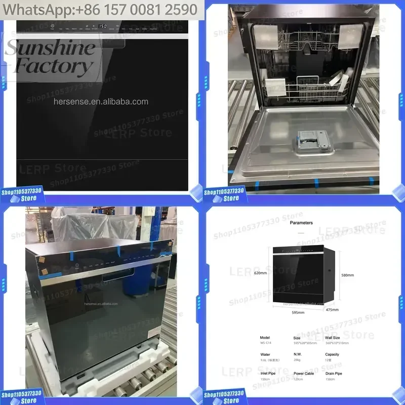 Freestand 220V Auto Dishwasher Kitchens Build-in Smart 12sets Dish Washing Machine Black Glass Washer and Dryer Unit for Home