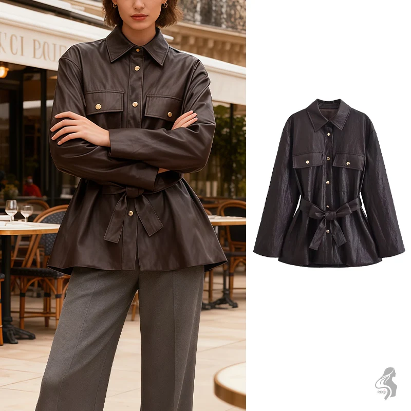 

Women's Faux Leather Shirt Jacket with Belt, Dark Brown Lapel Collar Coat, Gold Buttoned Pocketed Outerwear for Fall Winter