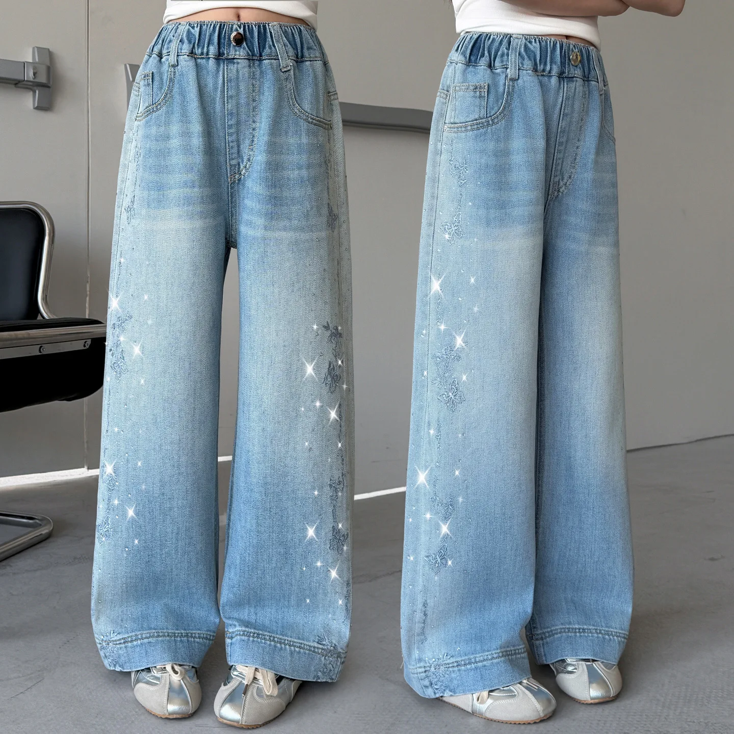 Mädchen Blaue Jeans Frühling Sommer Neuer Stil Teenager Kinder Mode Bestickte Schmetterling Strass Lose Gerade Denim-Hosen