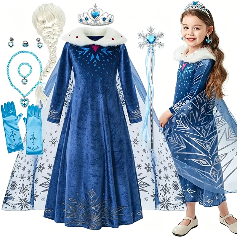 Vestido largo de invierno de Frozen Elsa Snow Queen para niñas, disfraz de princesa para Halloween, carnaval, cumpleaños, cosplay