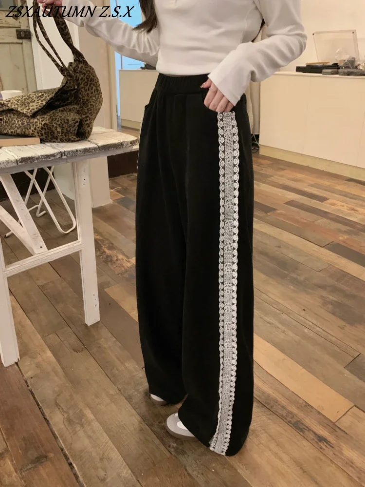 

Lace Pants Female Casual Sweatpants Women Winter High Waist Loose Wide Leg Pants Thick Joggers Patchwork Trousers