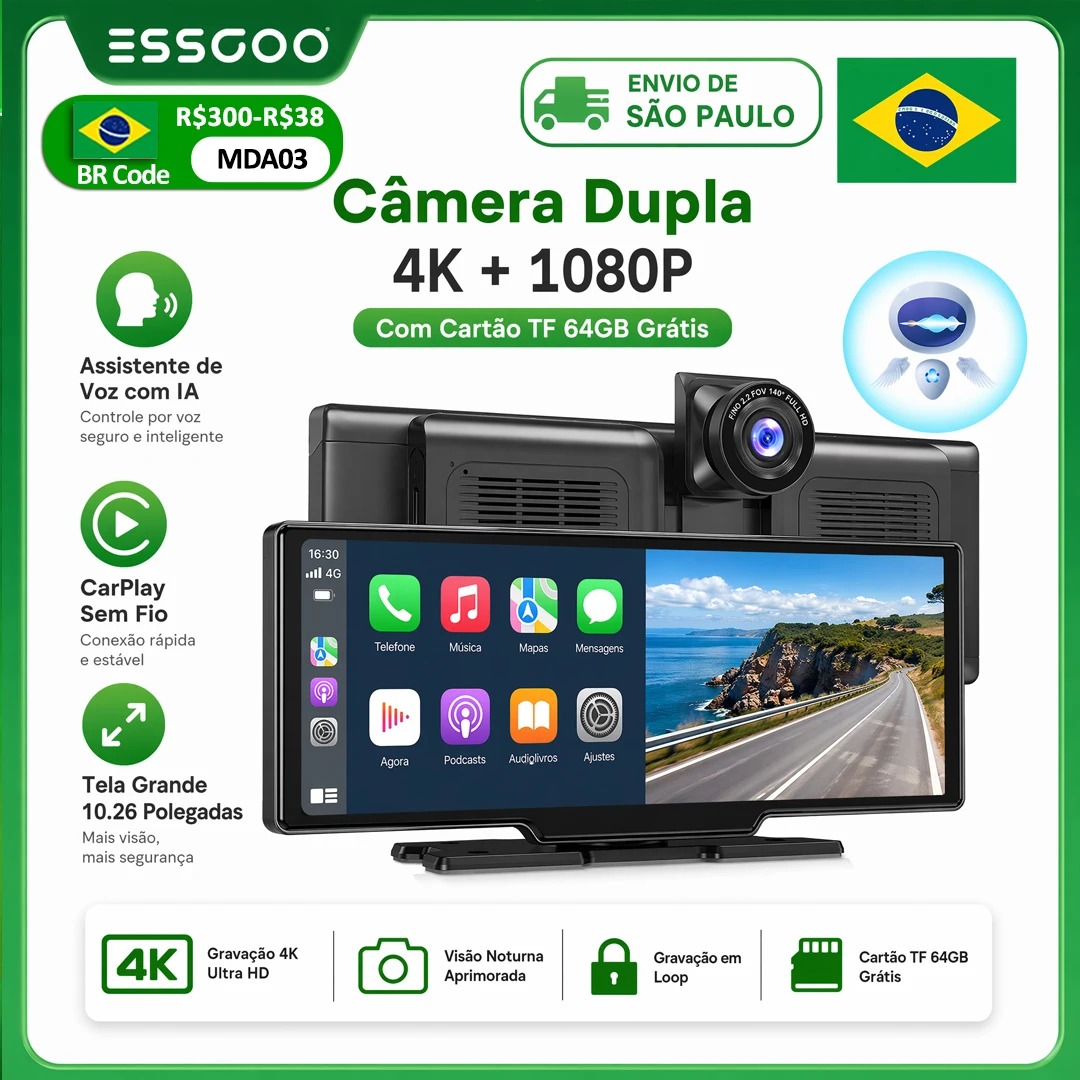 Câmera Veicular 4K 10,26” DVR Sem Fio CarPlay Android Auto Rádio Automotivo GPS e Dupla Lente