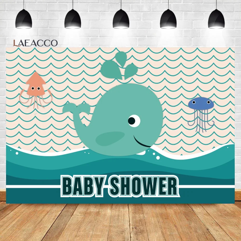 Laeacco Ocean Sea Baby Shower Backdrop Under The Sea Octopus Whale Shark Kid Birthday Portrait Customized Photography Background