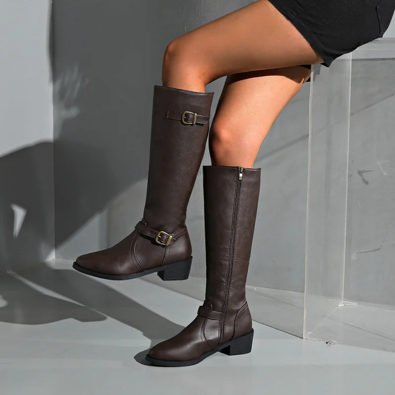 

Women's Leather Boots Zipper Chunky Heel Long Boots European and American Style Riding Boots High Tube Women's Boots