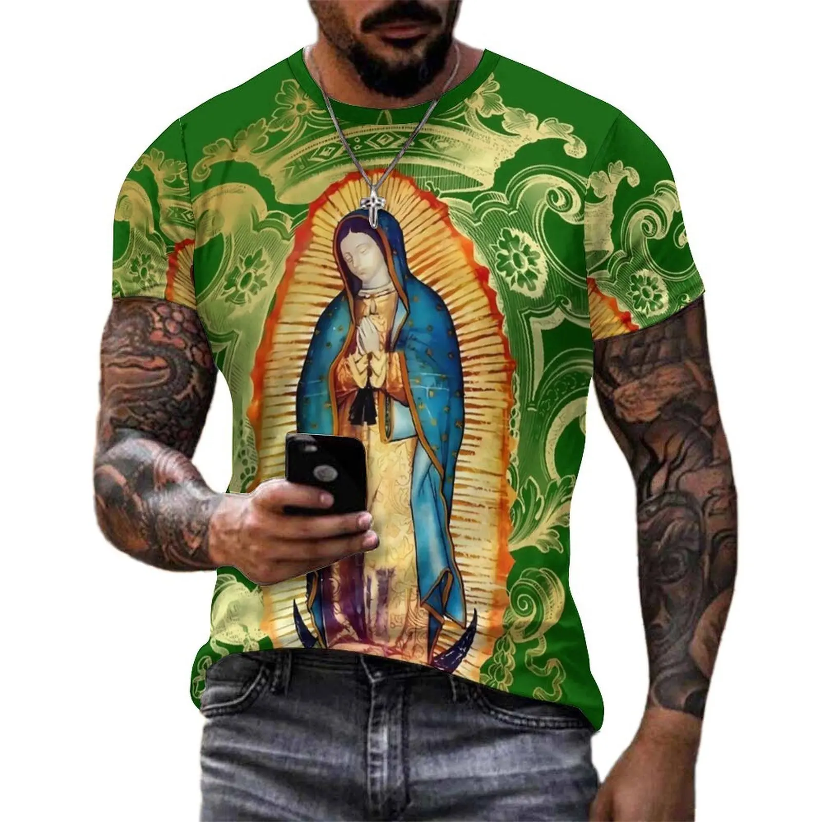 Virgin Mary Mexico T-Shirt Man Our Lady of Guadalupe Design O Neck T Shirts Summer Retro Tops Short Sleeve Oversized Tee Shirt