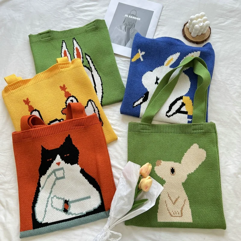 Knitted Bag Looking Up Rabbit Bag for Women Large Capacity Green Cartoon Handbag Shoulder Tote Bag Shopping Bag