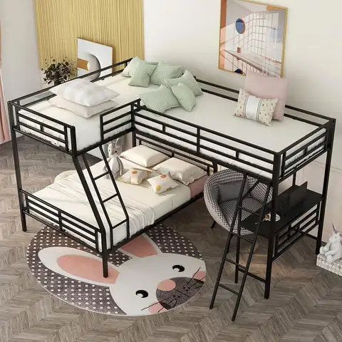 Black Triple Bunk Bed with Twin Over Full and Desk for Kids, Teens, Adults