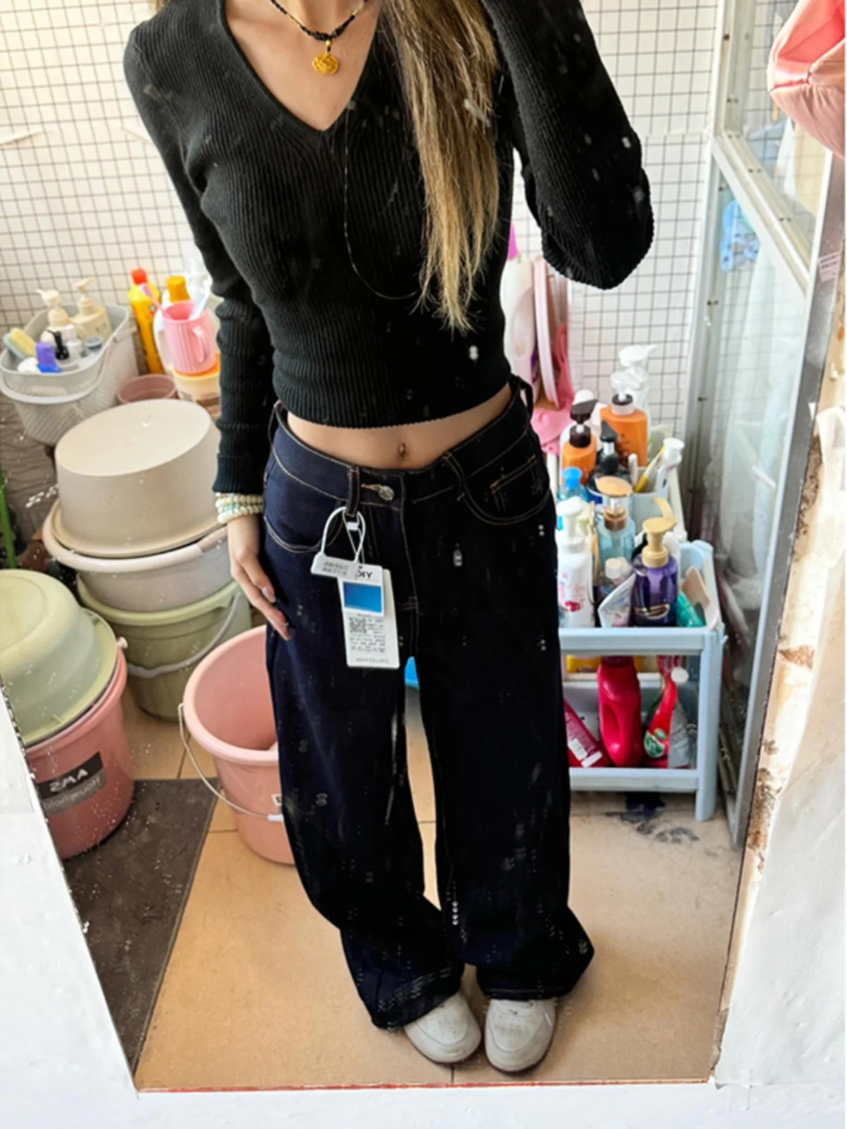 

Джинсы женские с высокой талией, широкими штанинами, синие, весна-осень, стройнящие, длинные, из окрашенного денима, до пола