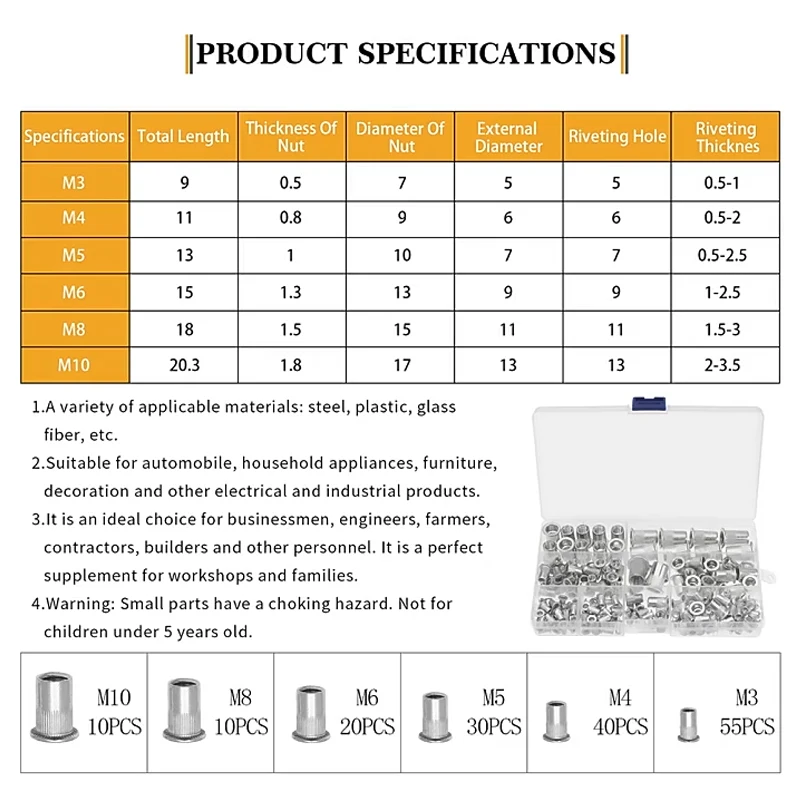 165pcsM3-M10 flat head aluminum pull rivet striped nut knurled pull nut rivet combination sleeve