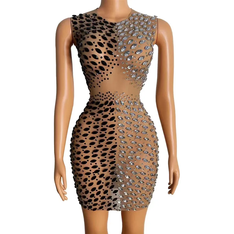 

Sparkly Rhinestones Crystal See Through Short Dress Evening Nightclub Singer Dancer Sexy Stage Wear Birthday Performance Costume
