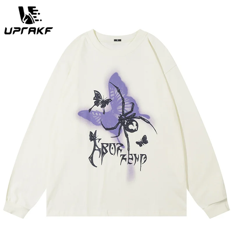 UPRAKF Butterfly and Spider Graphic Long Sleeve Hoodie Autumn Special Letter Print Oversize Crew Neck Clothes High Quality