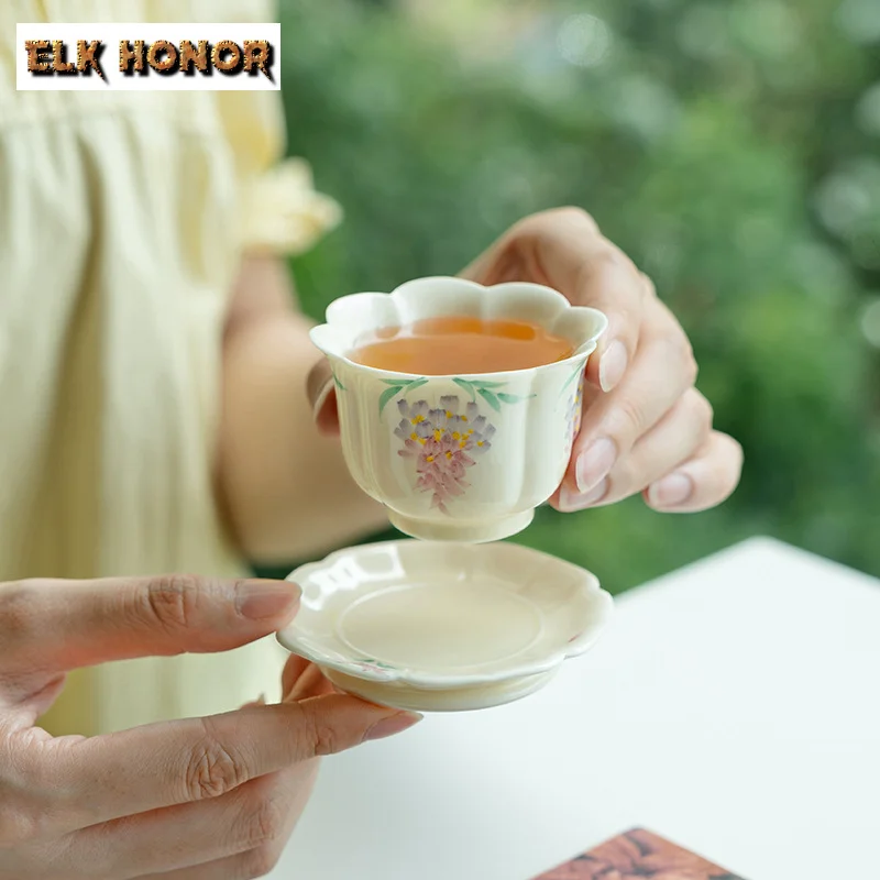 50ml Hand Drawn Wisteria Flower Teacup Powder Yin Flower Mouth Master Cup Ancient High-feet Tea Bowl with Coaster Teaware Gift