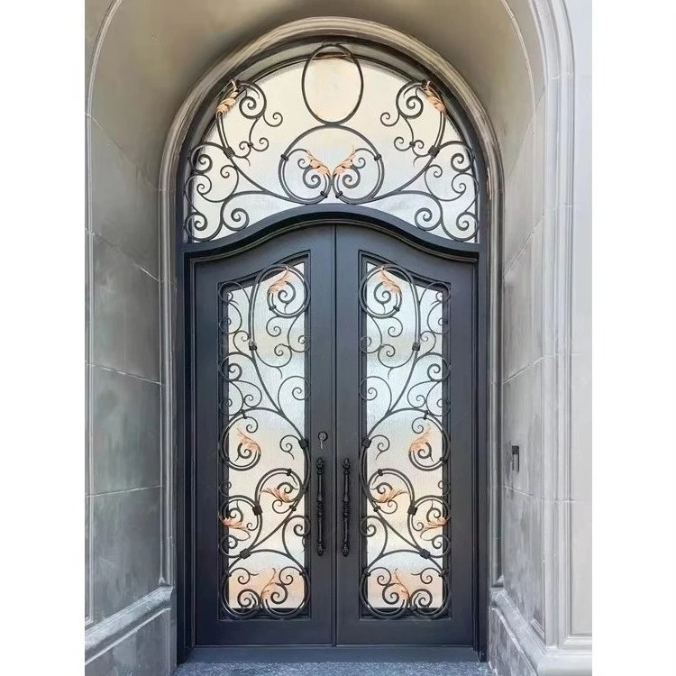 Cameroon Europe Custom Top With Fixed  Transom Design Heavy Duty House Entrance Wrought Iron Door for Villa