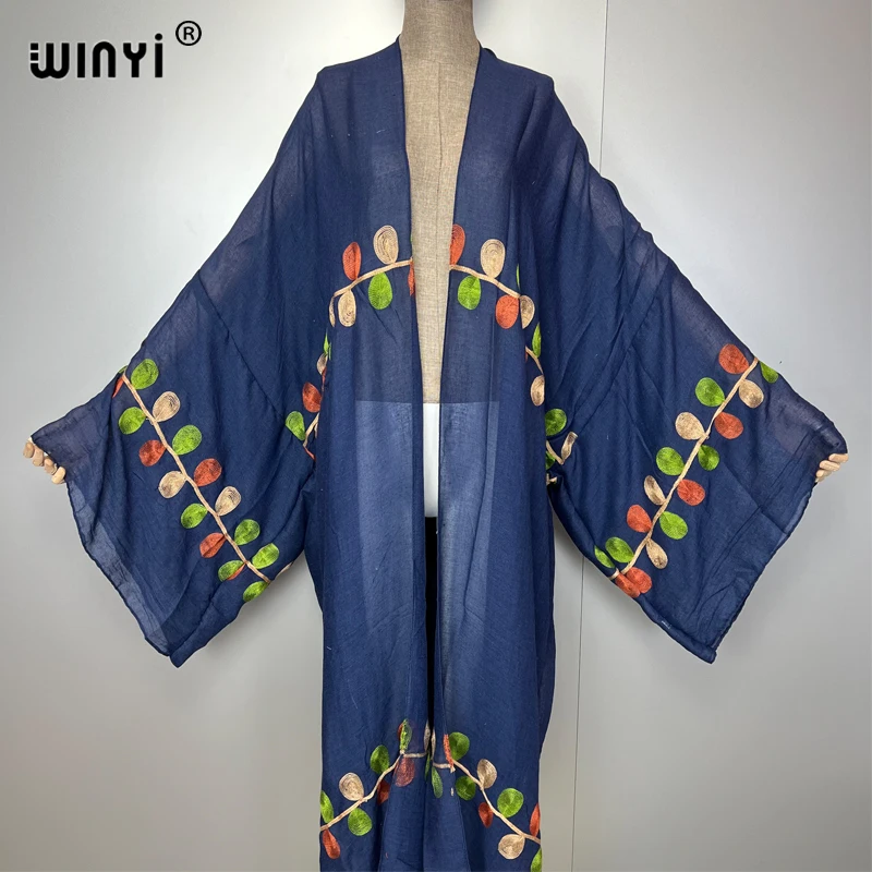 WINYI Embroidery Kimono Bohemian Luxury Beachwear Swim Suit Cover Up Women Cardigan Sexy Holiday Long Coat Abaya Muslim Woman