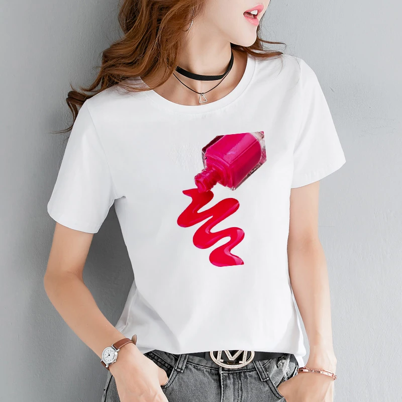 Women T shirt 3D Finger Nail Paint Color Graphic Fashion Cute printed Female Tshirt White 0-neck Harajuku Ladies Clothes T-shirt