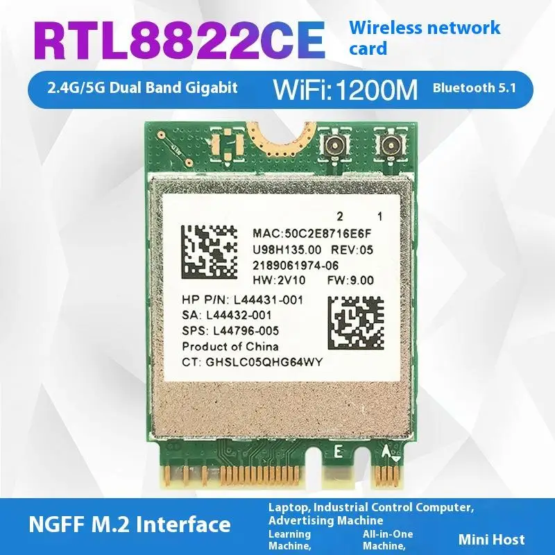 1Set RTL8822CE Dual-Band 802.11ac 1200Mbps M2 WiFi Card 2.4Ghz Bluetooth-Compatible WIFI Card IPX Connector Card