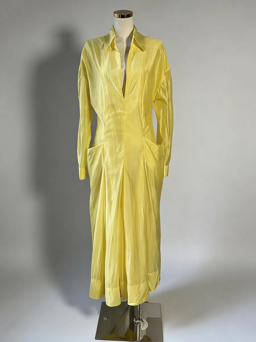 Twotwinstyle sólido sheer emendado bolsos vestidos minimalistas para mulheres com decote em v mangas compridas túnica design sentido vestido feminino novo