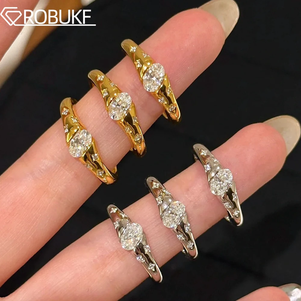 

4*6mm Oval Cut Halo Moissanite Ring for Women Sparking Lab Diamond 925 Sterling Silver 18K Gold Plated Star Wedding Band Jewelry