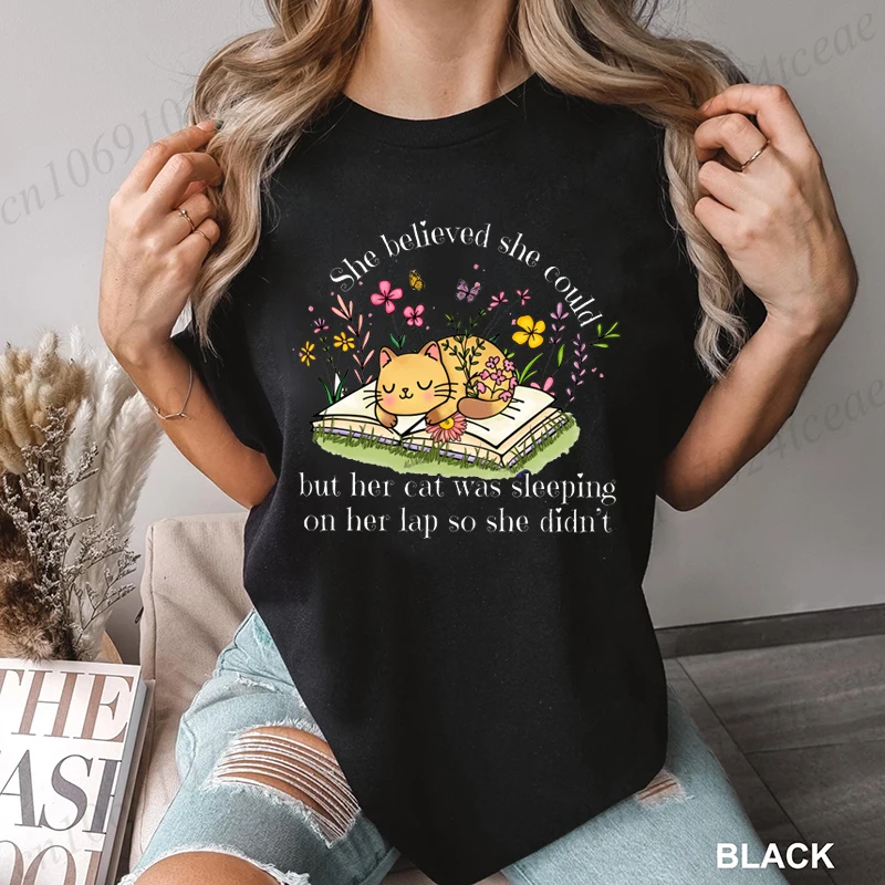 

Она вирила, что сможет приготовить футболки, забавная рубашка с цветочным котом, женская модная футболка, топы, летняя футболка большого размера, одежда с короткими рукавами