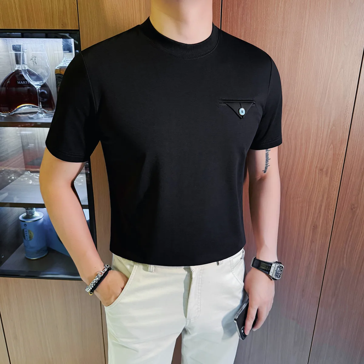 

High End Summer Solid Color Round Neck T-shirt Men Slim Fit Short Sleeve Casual T-shirts Versatile Social Business Base Shirt