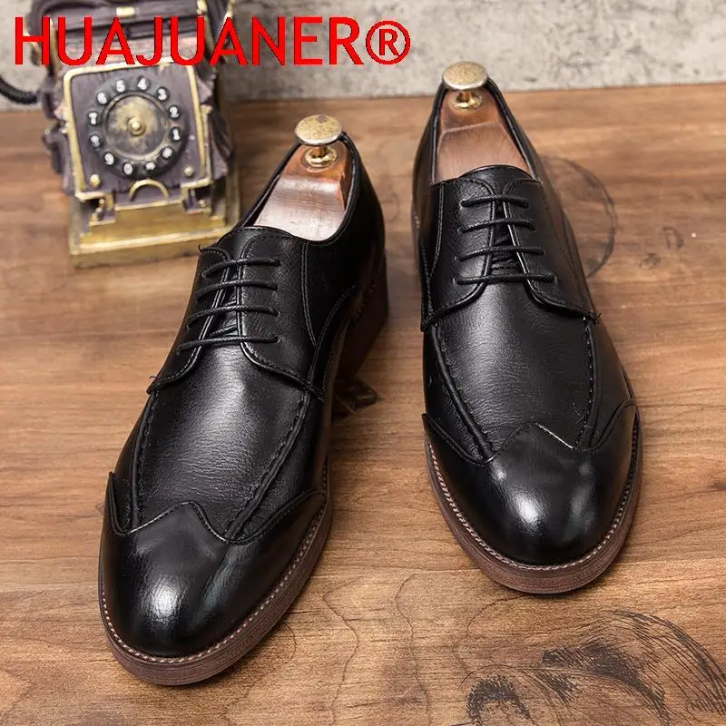 Men Casual Oxfords Black Men's Shoes Handmade Comfortable Formal Men Flats Lace-Up Bullock Business Brogue Shoes Plus Size 38-47