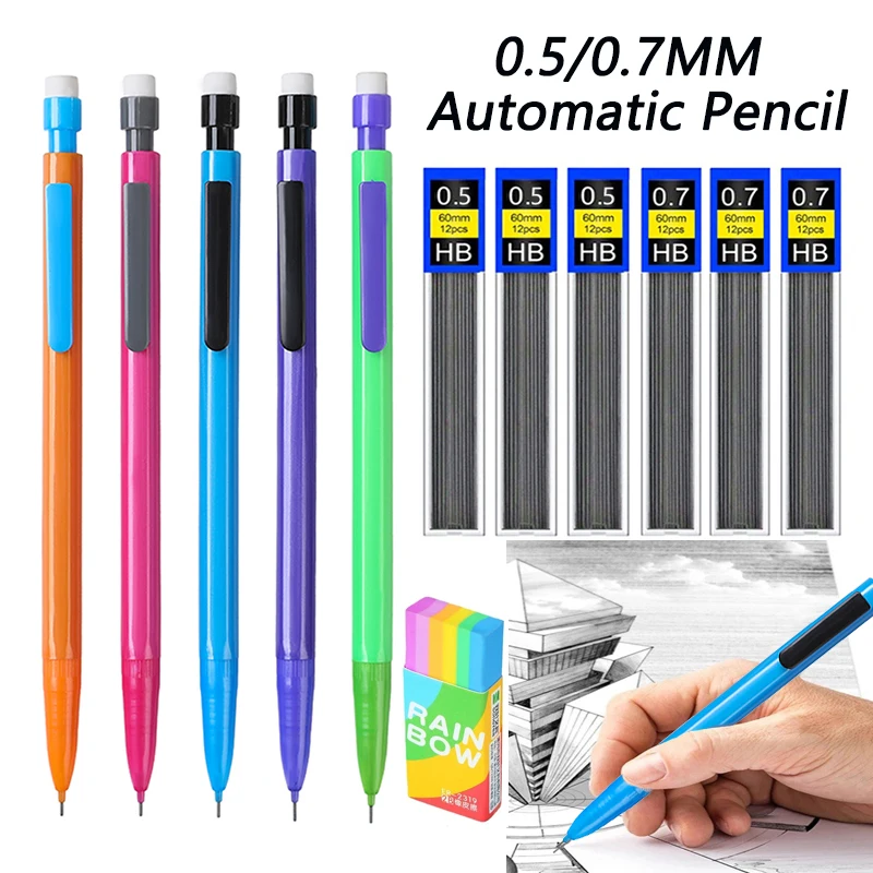 New Creative 5Color Mechanical Pencil Set With Top Eraser, 0.5/0.7mm Lead Filling for Writing School Automatic Pencil Stationery