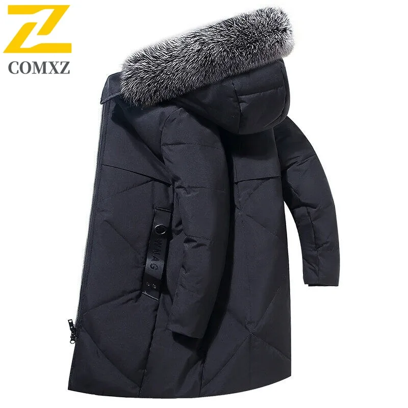

COMXZ 2025: мужской пуховик средней длины выше колена с воротником из натурального меха, белый утиный пух, зимняя толстая теплая верхняя одежда, которую можно стирать в машине ​