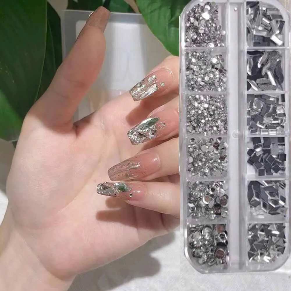 12Grids 3D Clear Multi-Shapes Nail Art Rhinestones Sparkling Flatback Glass Diamond Nail Charms DIY Crafts Manicure Decorations