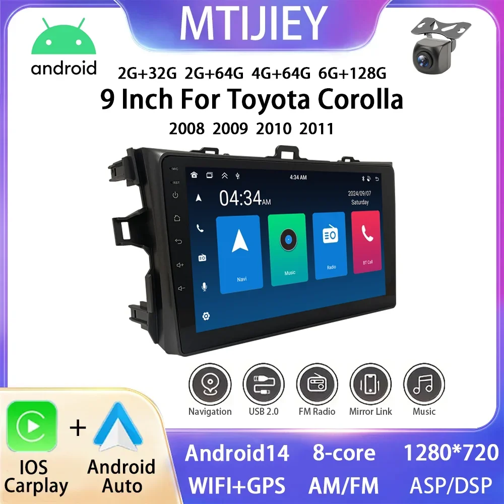 

9 inch Android 14 GPS For Toyota Corolla 2008 - 2011 Car Navigation Touch Screen Radio Compatible with Carplay and Android Auto
