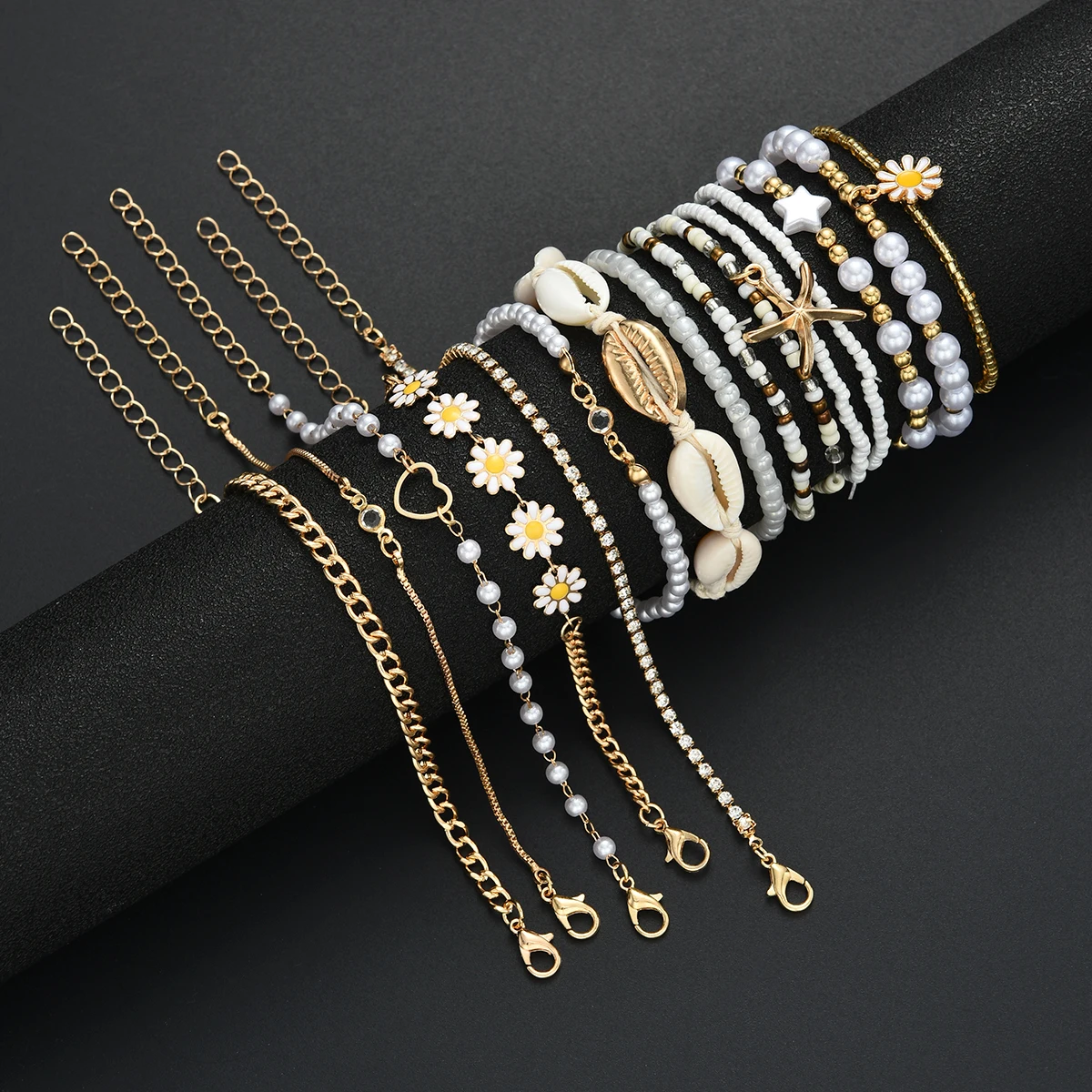 15PCS Bohemian Starfish Shell Rice Beaded Bracelets For Women Summer Gold White Color Daisy Pearl Bracelets Sets Beach Jewelry