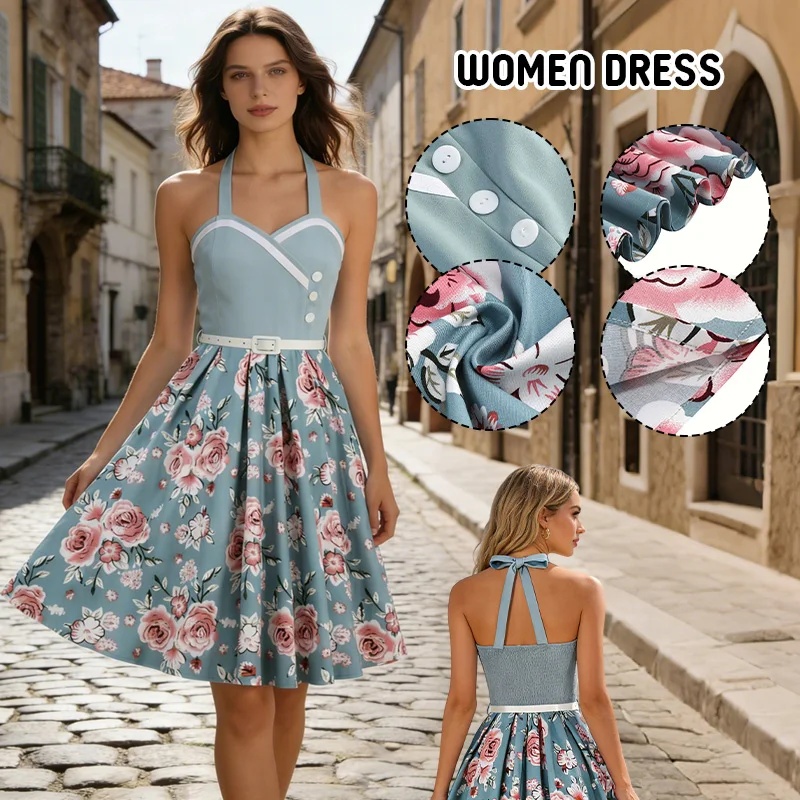 

Women Summer Retro Party Dress Elegant Floral Printed Polka Dot Dress 50s 60s Vintage Rockabilly Party Prom Dresses