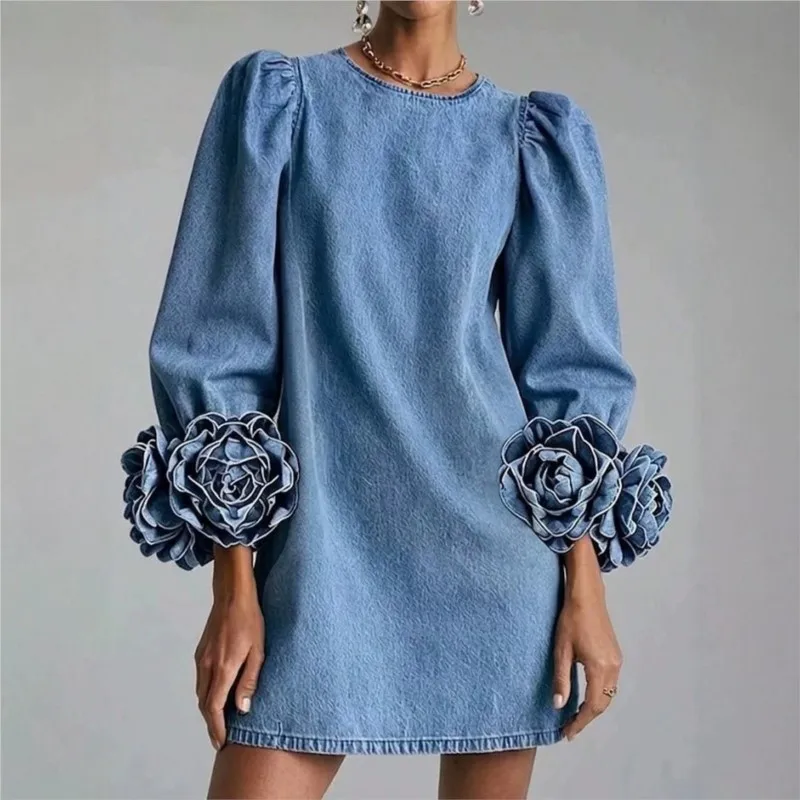 French 3D Flower Cuff Women's Short Dress Imitation Jeans Round Neck Bubble Long Sleeve Loose Solid Mini Dresses Wedding Guest