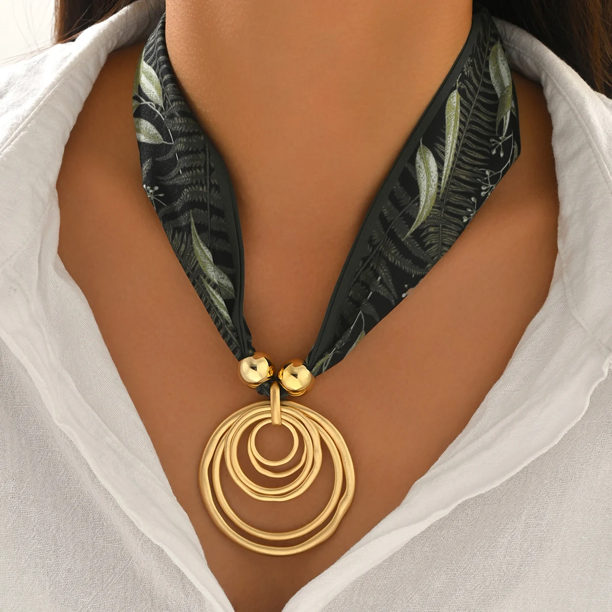 Women Leaf Print Silk Scarf Necklace Gold Multi Layer Circle Pendant Choker Minimal Modern Office Daily Statement Jewelry view 2
