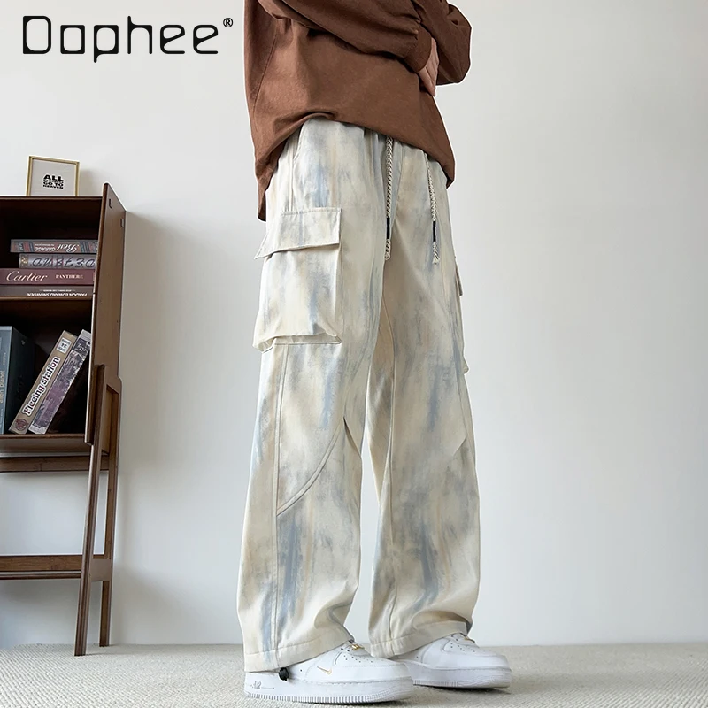 2025 Spring and Autumn American Style Tie-Dye Men's Black Cargo Pants Plus Size High Waist Straight Loose Casual Apricot Pants