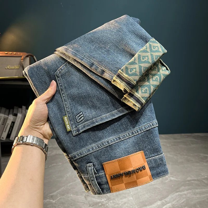2024new summer high-end jeans men's thin breathable soft fashion brand printing slim tapered casual Stretch Slim Skinny pants