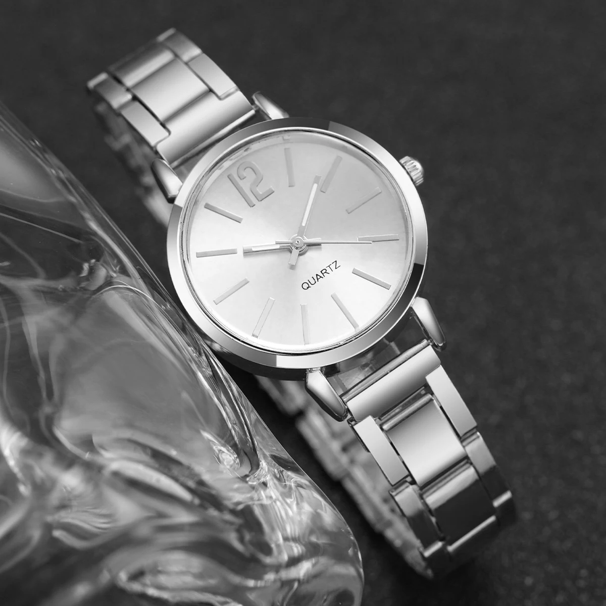 6PCS/Set Women Watches Fashion Stainless Steel Band Quartz Watch Diamond Jewelry(Without Box)