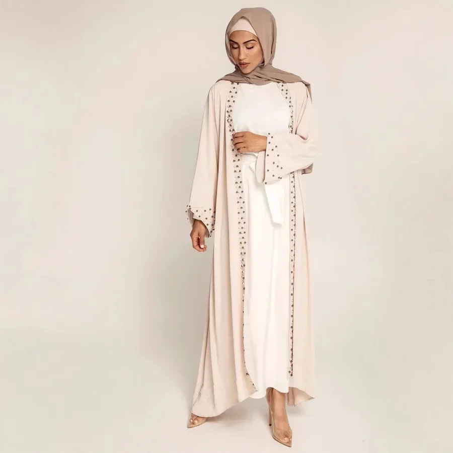 Elegance Solid Color Beaded Muslim Arab Turkey Middle East Fashion Lace-Up Cardigan Robe Women Abaya