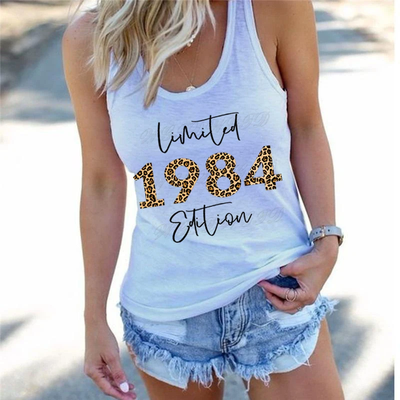 1980 To 1989 Leopard White Tops for Women Gift for 41th Birthday Racerback Tanks 1984 Limited Edition Summer Womens Tank Top