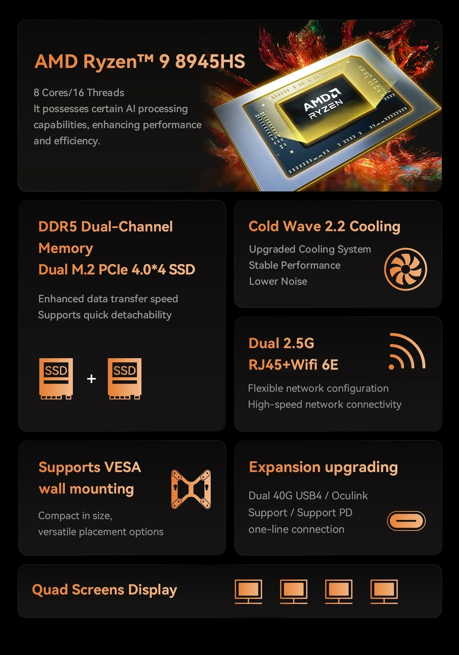 MINISFORUM UM890 Ryzen R9 8945HS MINI PC DDR5 5600Mhz 32GB WIFI6E M.2 PCIE4.0 Oculink Port Desktop Gaming Computer